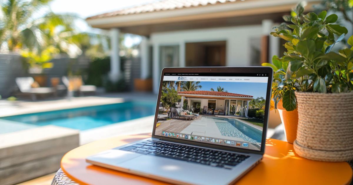 Una notebook sobre una mesa naranja, junto a una pileta, mostrando la web de un alojamiento