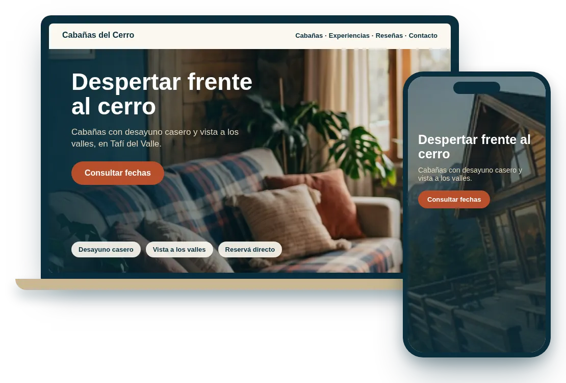 Página web de un alojamiento con propuesta única, vista en notebook y celular