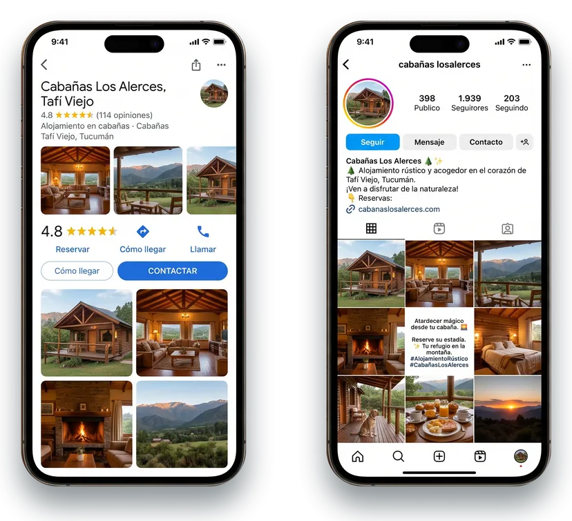 Ficha de Google y perfil de redes de un alojamiento de cabañas, con las mismas fotos y el mismo mensaje
