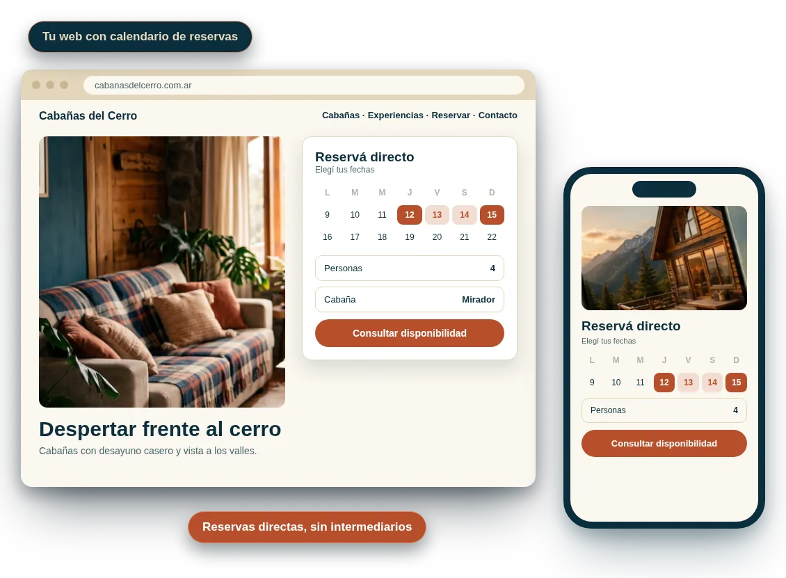 Página web de un alojamiento con calendario de reservas, vista en computadora y celular